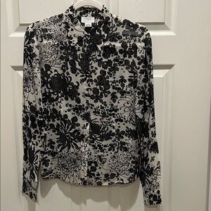 LOFT Black and White Floral silk Button Down Shirt